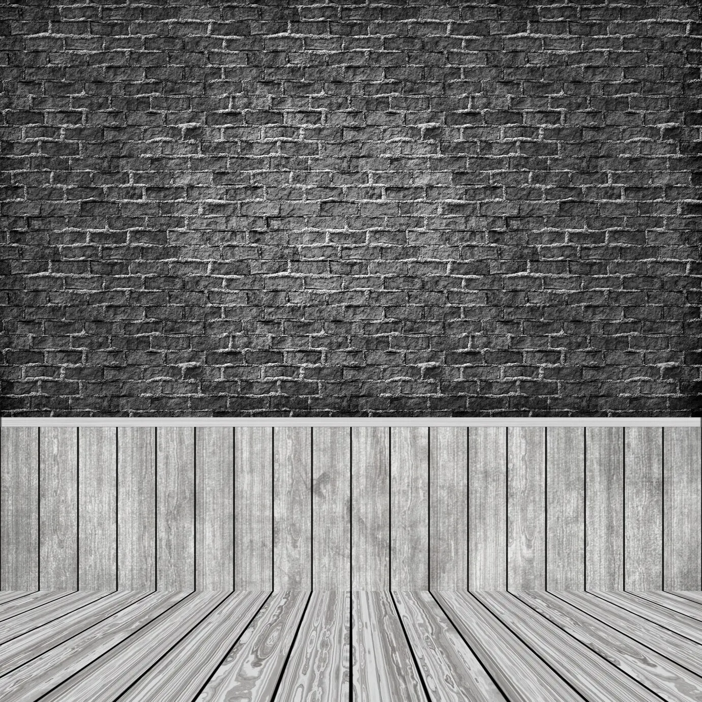 3D-Innenraum eines Zimmers mit einer Ziegelwand im Grunge-Stil und einem Holzboden.